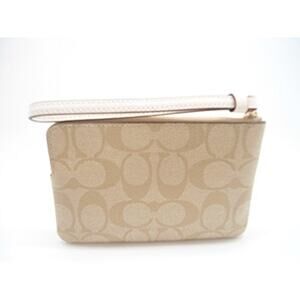NWT Coach Signature PVC Leather Corner Zip Wristlet, Light Khaki, Chalk
